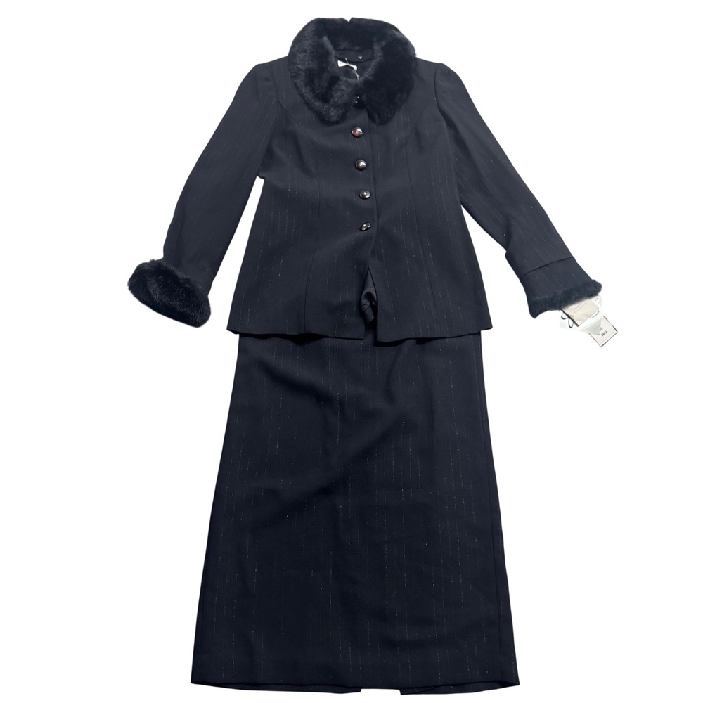 Emily... Black Fur Blazer Skirt Set S/8 VTG Retro Y2k Women's Old Money Preppy